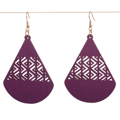 Stylish lightweight wooden Purple Fan Earrings with geometric laser-cut design, perfect for daily wear and special occasions.