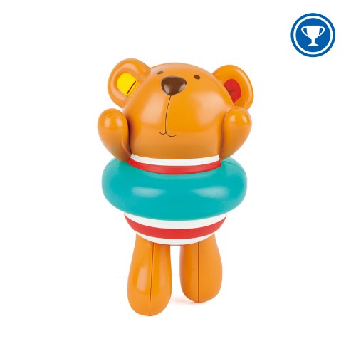 Hape Swimmer Teddy is a wind-up bath toy that swims, encouraging fun and fine motor skills for toddlers 12 months and up.