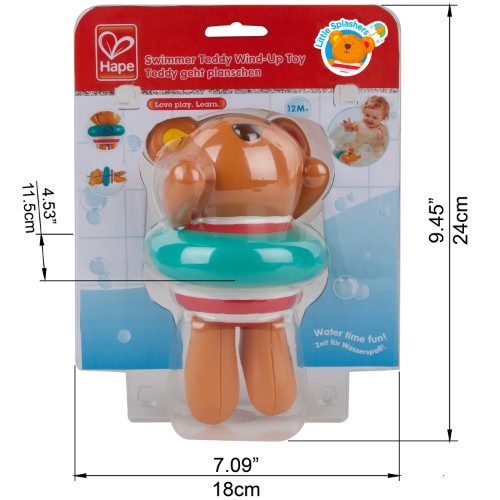 Wind-up bath toy featuring a cute teddy bear that swims, perfect for engaging toddlers during bath time play.