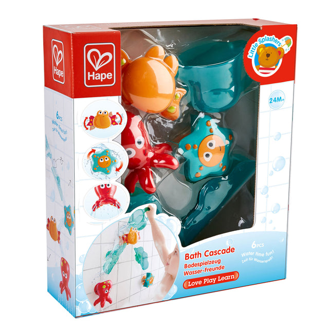 Colorful Hape Bath Cascade bath toy stimulating creativity and water play for children aged 2 and up, enhancing motor skills.