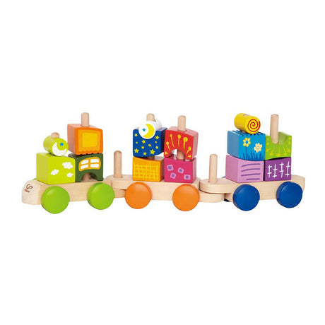 Colorful Hape Fantasia Blocks Train with uniquely shaped blocks for creative building and imaginative play for toddlers.