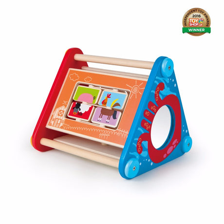 Hape Activity Box features vibrant animal illustrations, gears, balls, blocks, a maze, and a mirror for engaging early learning play.