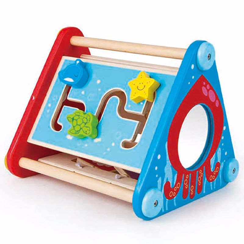 Colorful 5-sided Hape Activity Box featuring gears, balls, blocks, and a maze, perfect for developing toddler skills.