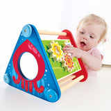 Hape Activity Box featuring colorful gears, balls, blocks, a maze, and animal illustrations for engaging toddler play.