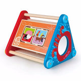 Colorful 5-sided Hape Activity Box featuring gears, balls, blocks, a maze, and mirror for imaginative play and skill development.