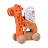 Colorful wooden push and pull giraffe toy, promoting walking and coordination for toddlers, made from sustainable maple.