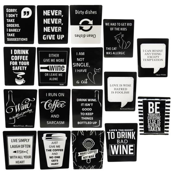 Set of 17 black and white cafe-themed magnets with humorous and inspirational coffee messages for kitchen decor.