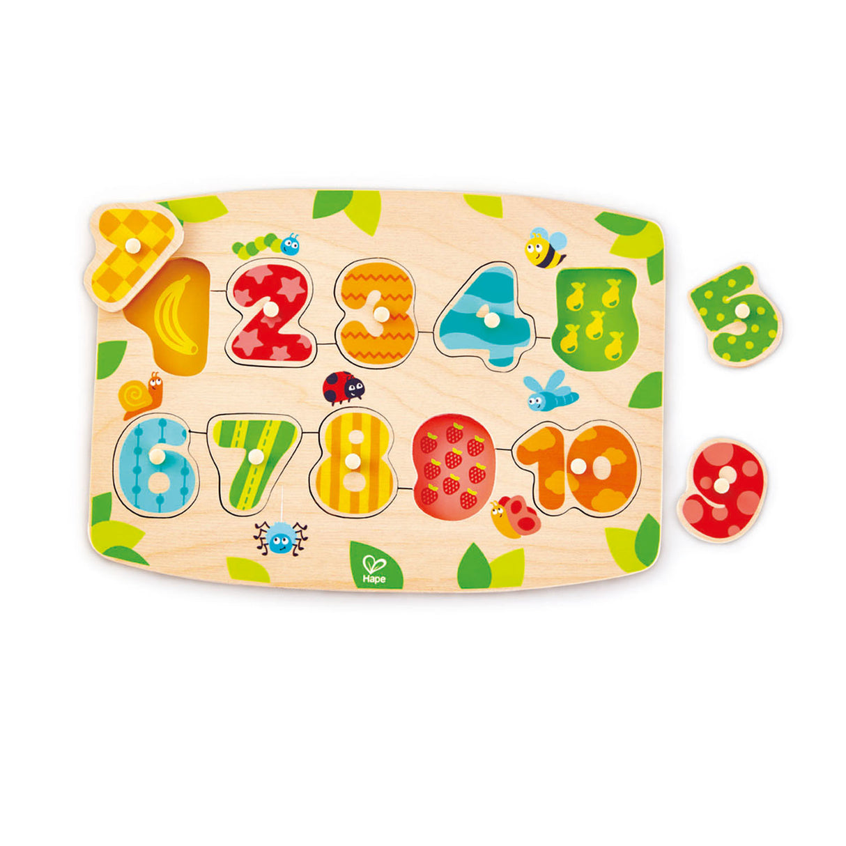 Vibrant Hape Number Peg Puzzle with colorful wooden numbers for preschoolers to learn counting and number recognition.