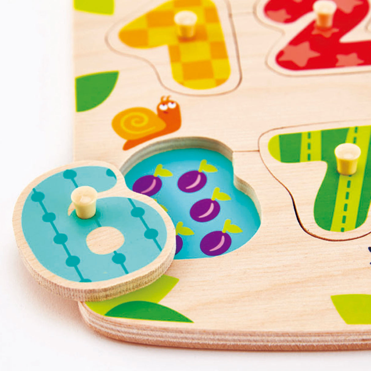 Colorful wooden number peg puzzle for preschoolers, promoting counting, number recognition, and fine motor skills.