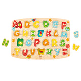 Colorful Hape Alphabet Peg Puzzle designed for children, fostering learning with easy-to-grasp letters for interactive play.