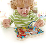 Colorful wooden maze puzzle featuring a magnetic wand for guiding marbles, designed to enhance fine motor skills and problem-solving.