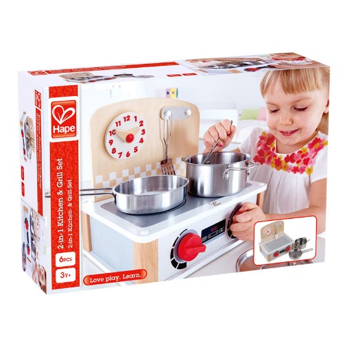 Realistic 2-in-1 kitchen and grill set for role-playing, featuring metal accessories and adjustable knobs, ideal for ages 3+.