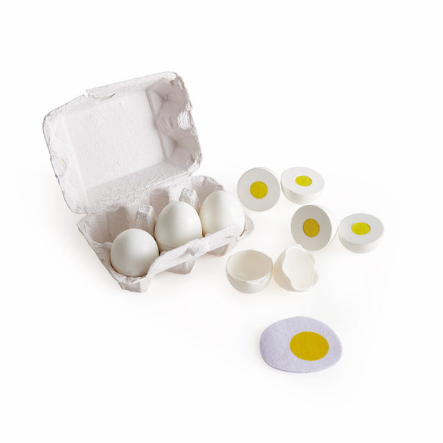 Colorful wooden Hape Egg Carton with six eggs for imaginative play, perfect for nurturing role-play in young chefs.