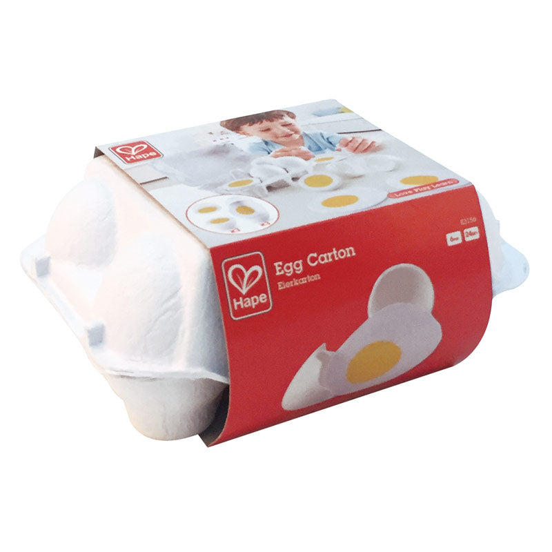 Colorful wooden egg carton with three hard-boiled and three fried eggs for imaginative pretend play cooking.