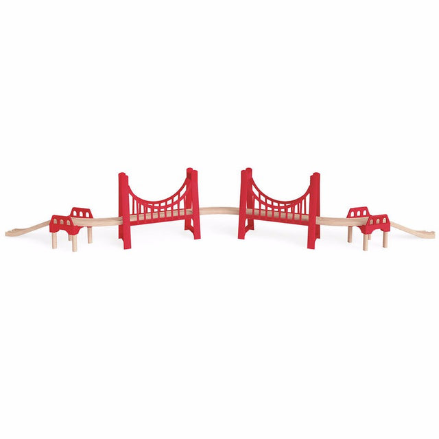 Hape Extended Double Suspension Bridge, a grand 17-piece structure enhancing train sets with imaginative storytelling opportunities.