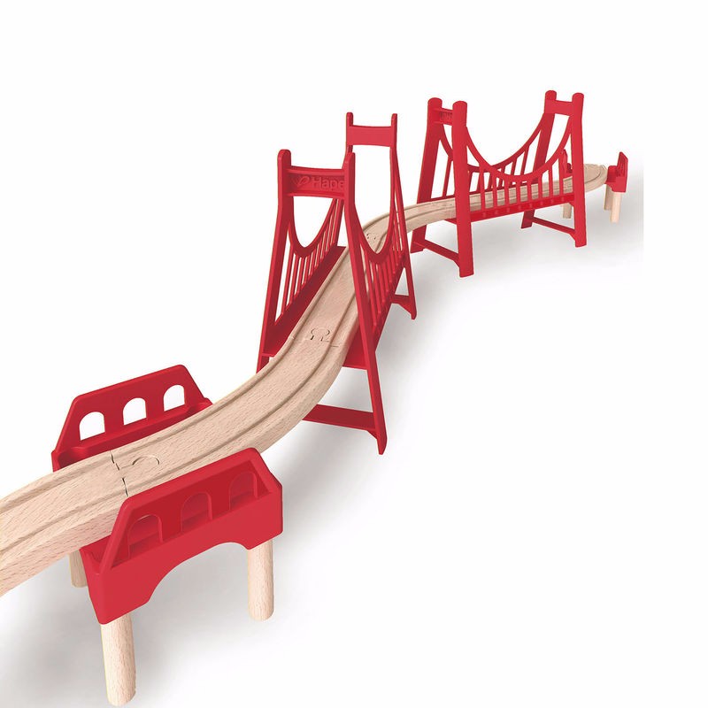 Hape Extended Double Suspension Bridge, a grand toy bridge for train sets, crafted from safe materials for creative play and adventure.