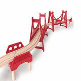 Hape Extended Double Suspension Bridge, a grand toy bridge for train sets, crafted from safe materials for creative play and adventure.