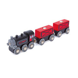 Black steam-era freight train with red carriages, featuring magnetic connectors for fun play on any track.