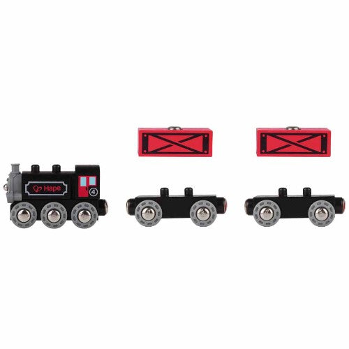 Classic steam-era freight train set with black engine and red carriages, featuring magnetic connections for play.