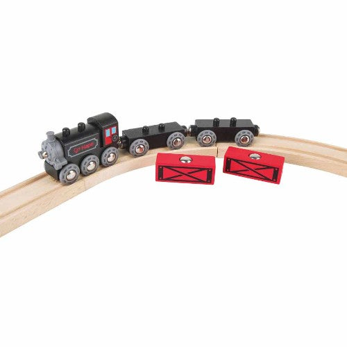 Classic steam-era freight train with a black engine and red carriages, featuring magnet connections for easy play.