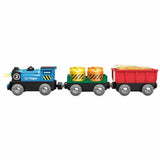 Battery powered train set featuring a blue engine with wiggling cargo and spinning pumps for interactive play.