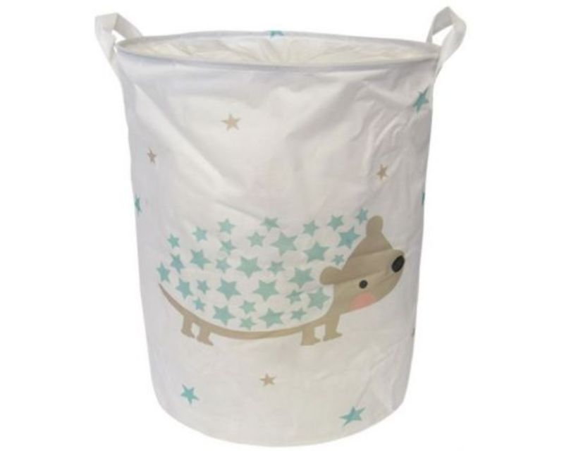 Adorable hedgehog laundry basket, 40cm tall, collapsible, with drawstring and handles for easy storage and transport.
