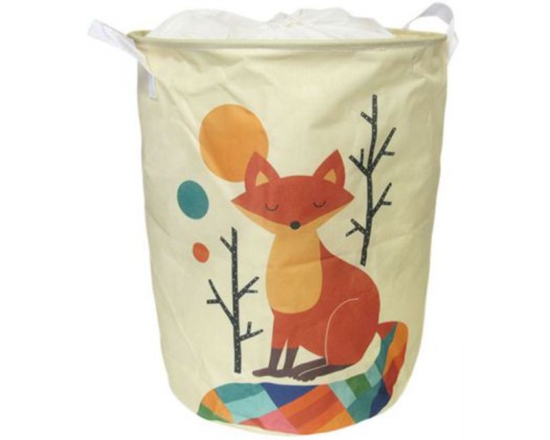 Collapsible round laundry basket featuring a playful red fox print, with drawstring closure and sturdy handles for easy transport.