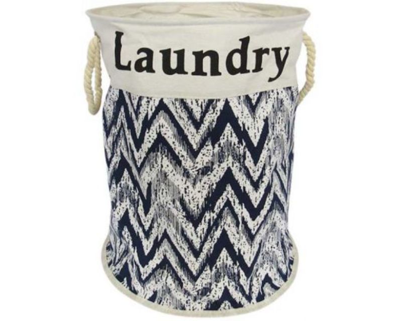 Collapsible round laundry basket with elegant Florentine pattern and rope handles, measuring 45cm tall and 35cm in diameter.