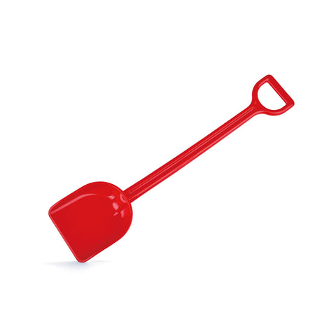 Bright red Hape sand shovel designed for kids 18+ months, perfect for digging and building in sandboxes or at the beach.