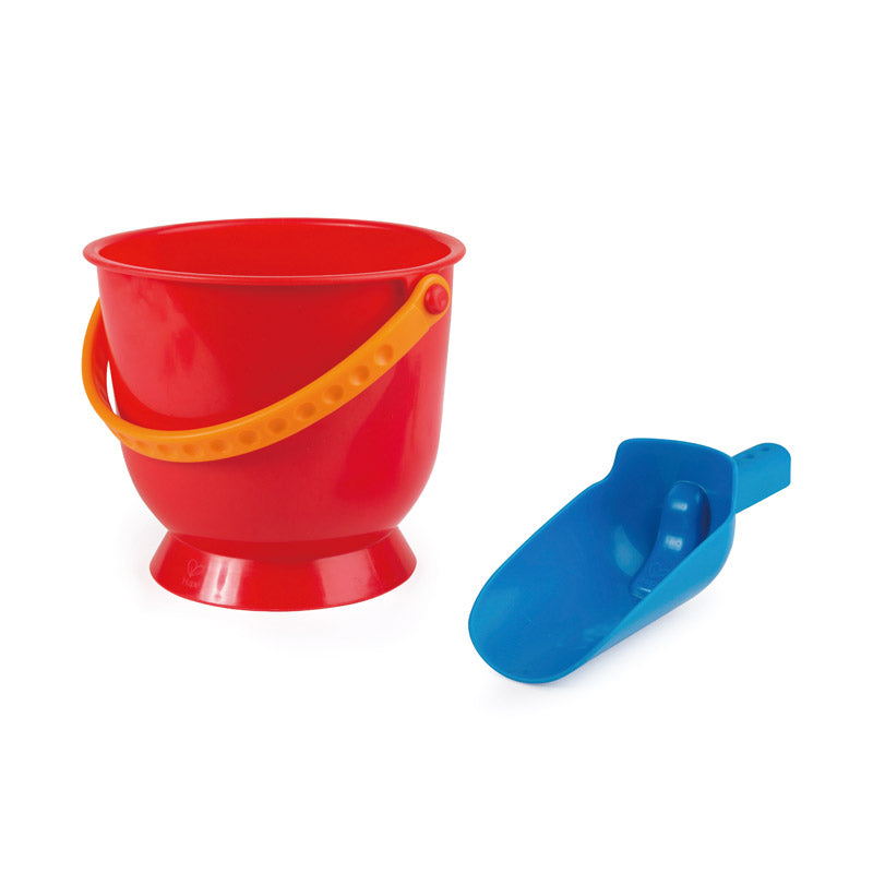 Colorful Hape Scoop & Pail set for toddlers, ideal for outdoor play with sand or water, promoting creativity and coordination.