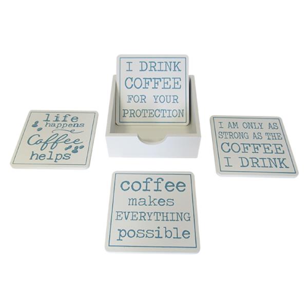 Coffee Coaster Set of 4 with charming designs, featuring sturdy MDF, ideal for protecting surfaces and adding decor.