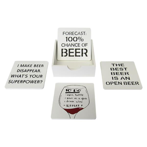 Elegant set of four beer and wine coasters with themes, featuring a handy holder for stylish entertaining.