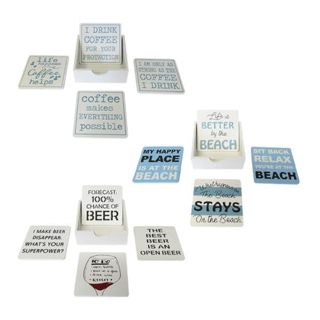 Stylish set of 12 MDF coasters with unique themes, perfect for protecting surfaces and enhancing home decor.