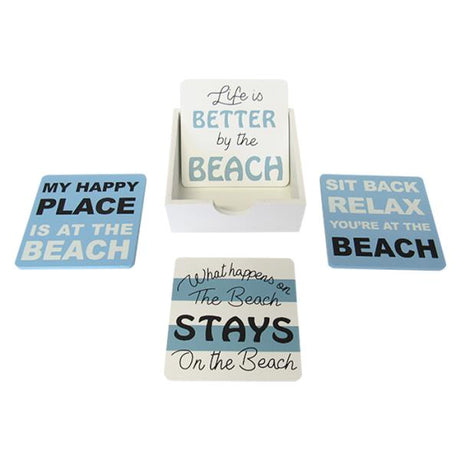 Beach-themed coaster set of 4 in holder, featuring unique designs, waterproof MDF, perfect for home decor and gatherings.