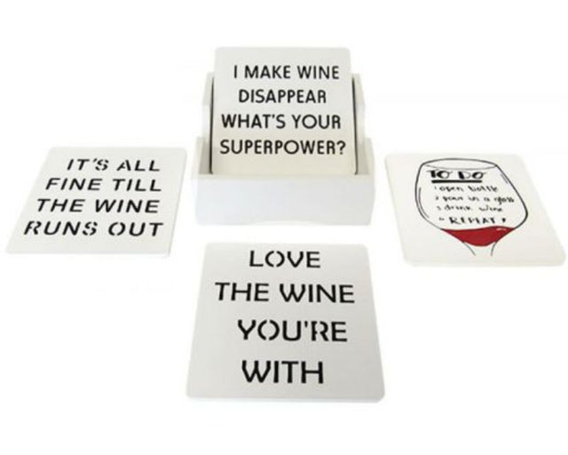 Elegant set of 4 wine-themed wooden coasters with a stylish holder, perfect for protecting surfaces while enjoying wine.