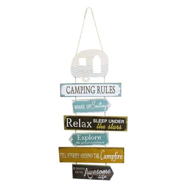 Charming MDF wall art sign featuring camping rules, with rope hanger, perfect for outdoor decor; measures 70 x 35 cm.