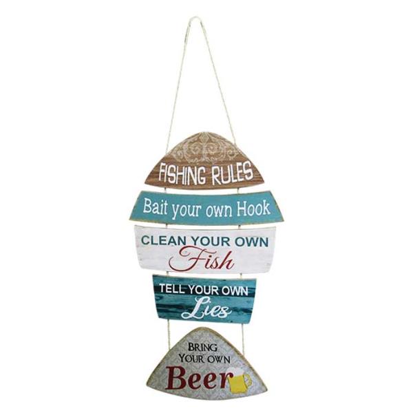 Charming MDF Fishing Rules Hanger Sign, 63 x 35 cm, ideal for decor in fishing-themed spaces with a rustic design.