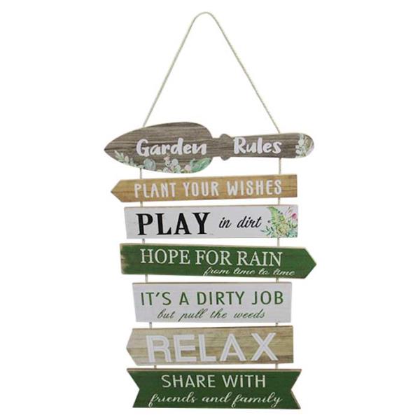 Charming Garden Rules Hanger Sign in rustic design, 56 x 35 cm, perfect for enhancing indoor and outdoor spaces.