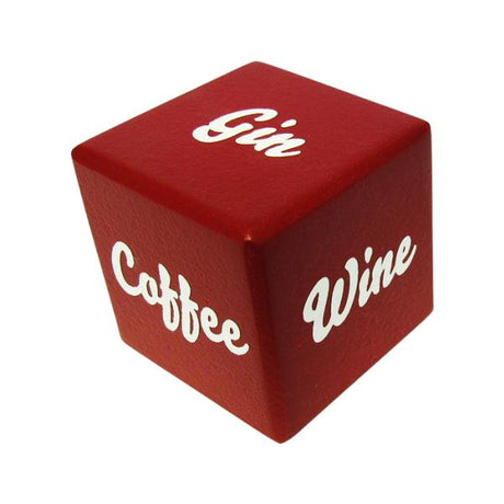 Colorful 5 cm dice for selecting drinks at gatherings, featuring options like wine, beer, and coffee for fun game play.