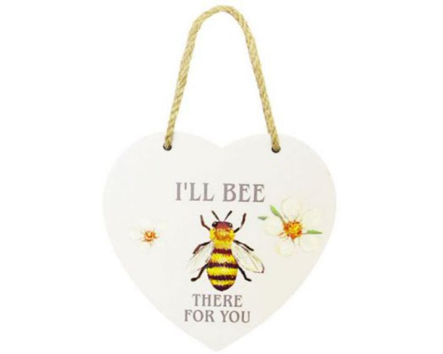 Heart-shaped wooden sign with twine hanger, perfect for bee lovers and rustic home decor, measuring 15 x 15 cm.