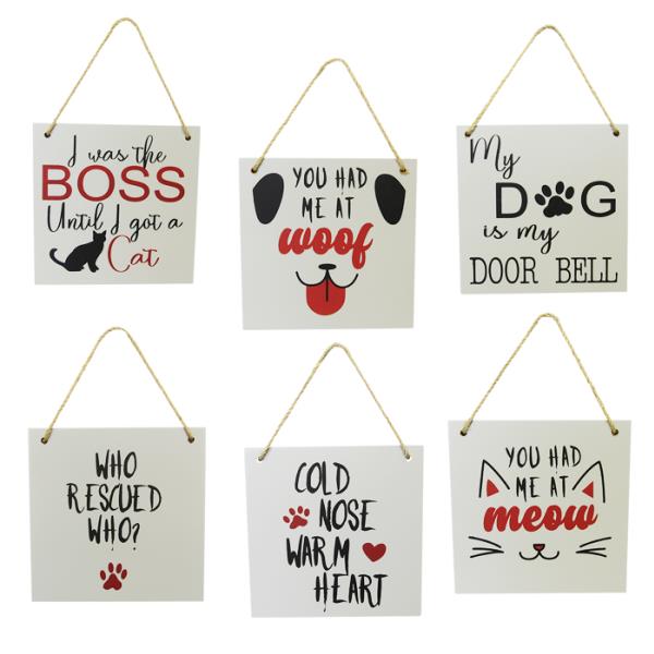 Charming set of six MDF signs with heartwarming pet messages and twine hangers, perfect for pet lovers' home decor.