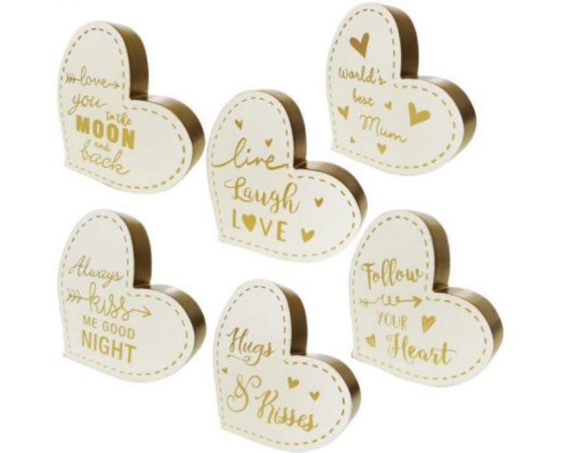 Six rustic wood heart-shaped signs, each 13 x 13 x 2.3 cm, perfect for adding charm and warmth to any room.