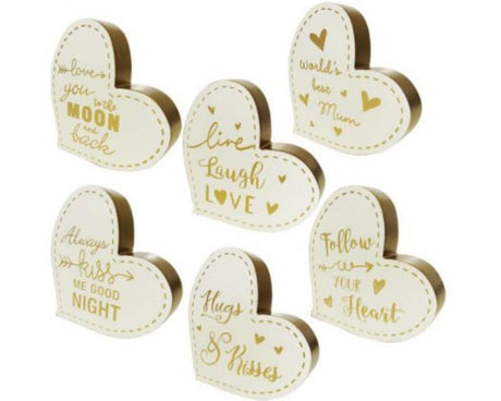Six rustic wood heart-shaped signs, each 13 x 13 x 2.3 cm, perfect for adding charm and warmth to any room.