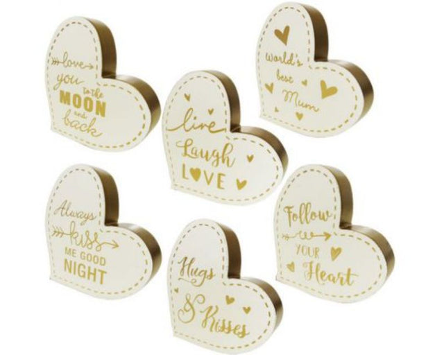 Six rustic wood heart-shaped signs, each 13 x 13 x 2.3 cm, perfect for adding charm and warmth to any room.