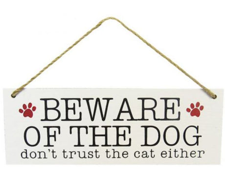 Dog Home Hanger Beware sign, wooden decor with twine, perfect for pet lovers and home entryway decor.