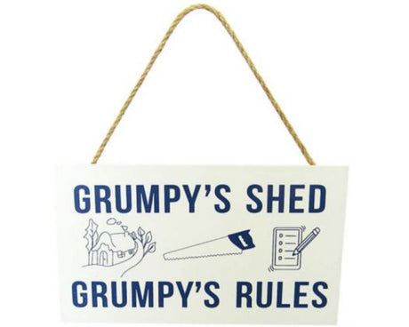 Rustic wooden "Man Cave Hanger Grumpy" sign, 21x12 cm, featuring a whimsical grumpy face and a durable twine hanger.