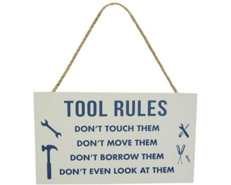 Rustic wooden sign with tool rules, 21 x 12 cm, perfect for man caves or workshops, featuring twine hanger.