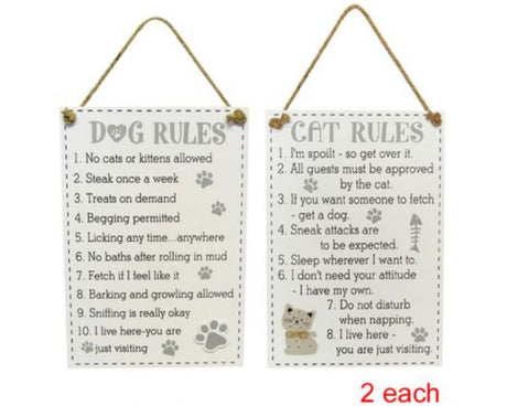 Four decorative wooden signs for cat and dog rules, each 35 cm by 24 cm, featuring twine hangers for easy display.