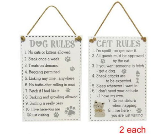 Four decorative wooden signs for cat and dog rules, each 35 cm by 24 cm, featuring twine hangers for easy display.