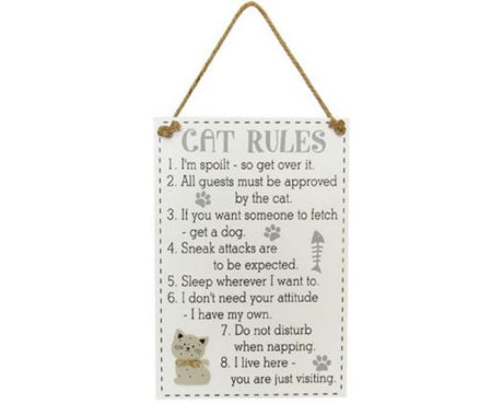 Wooden Cat Rules Hanger measuring 35x24 cm with twine; perfect for cat lovers' home decor.